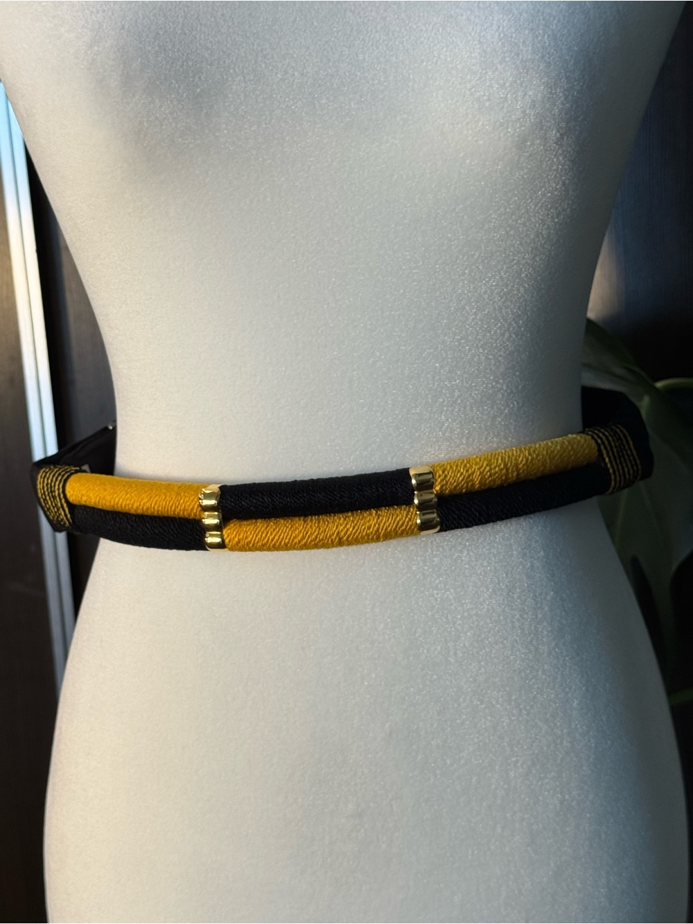 Black and Yellow Wrapped Waist Belt with Gold-Tone Accents